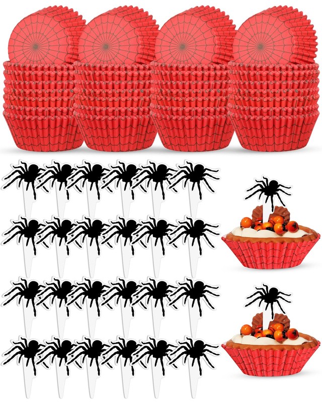 200 PCS Spider Web Cupcake Liners 200 PCS Toppers Red Baking Cups Wrappers