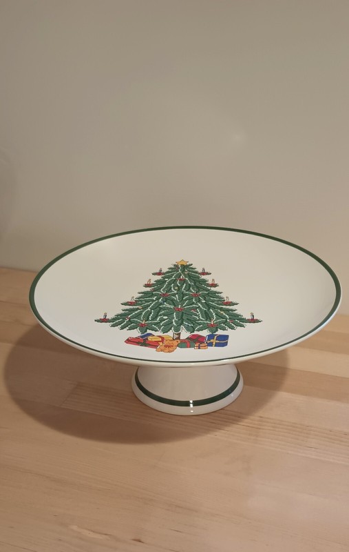 Pedestal Cake Stand Plate Christmas Tree Presents 10 1/2" Footed Made in Japan gallery