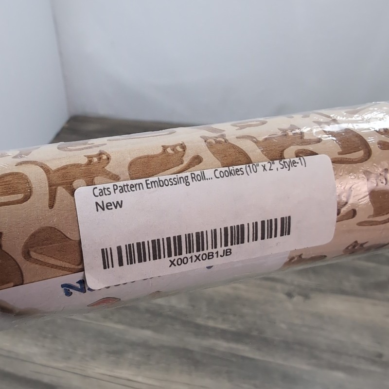 Embossed Rolling Pin Natural Wood Scandinavian Cats Pattern Light Grain New gallery