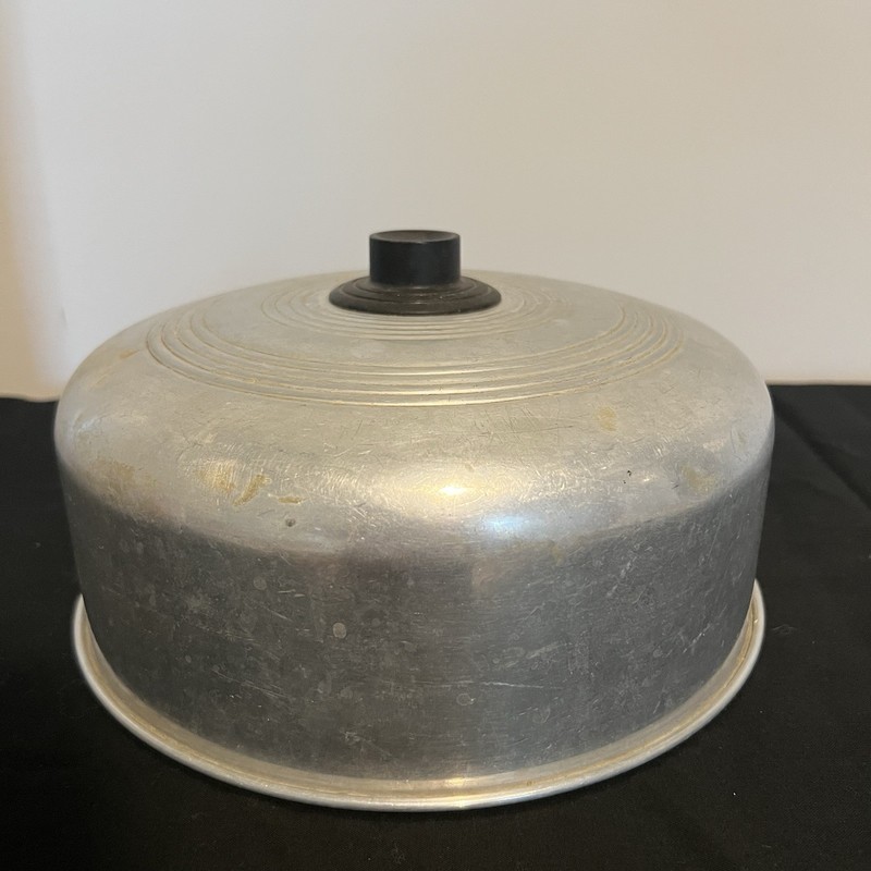 1930’s Vintage 10” Aluminum Cake Food Plate Cover Black Round Handle