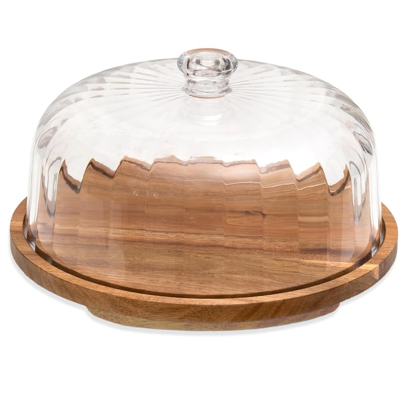 Cake Stand with Lid, Rotating Cake Holder with Dome, Wood Lazy Susan with Cov…