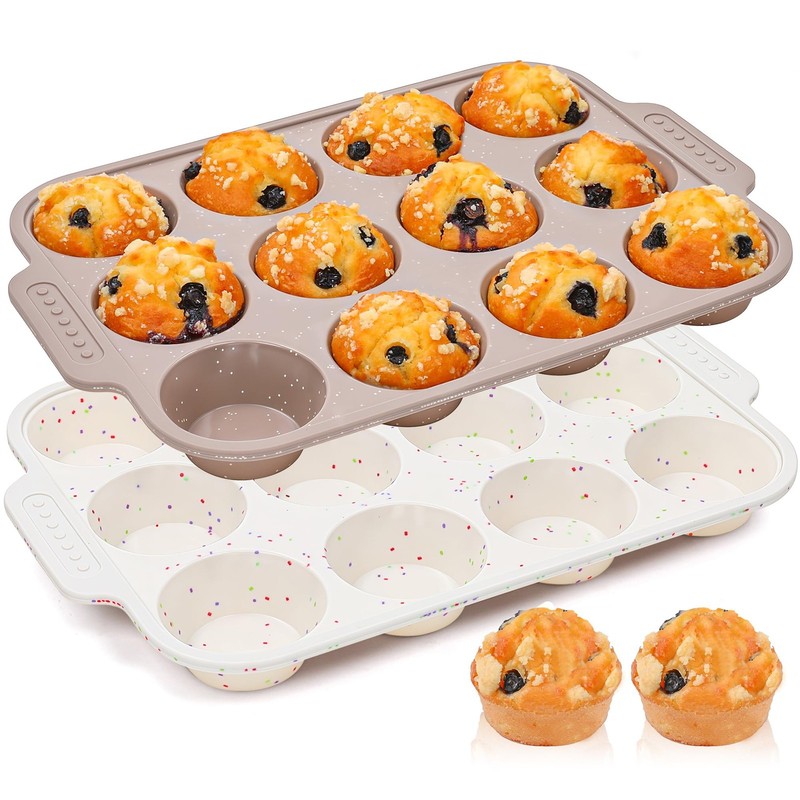 AOTASO 2 Pcs Silicone Muffin Pans for Baking Regular：12 cups x 2 pcs, Brown