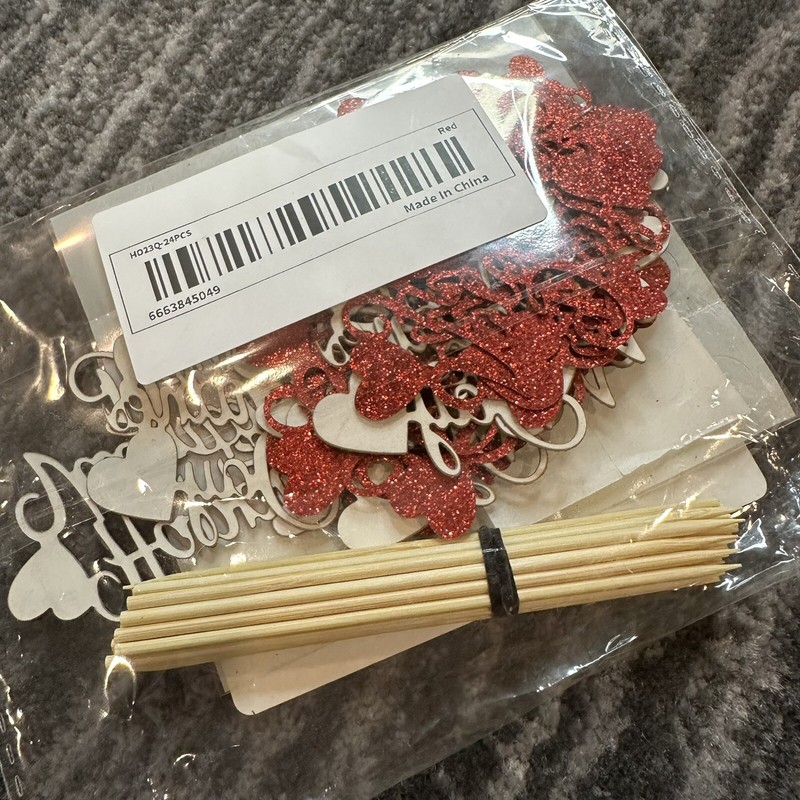 24 Pack Happy Valentine's Day Cupcake Toppers Wooden Picks Red Glitter Heart New gallery