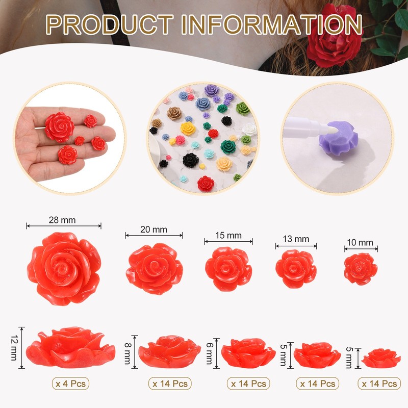60Pcs Red Resin Rose Flower Beads 5 Size Flatback Flower Charm gallery