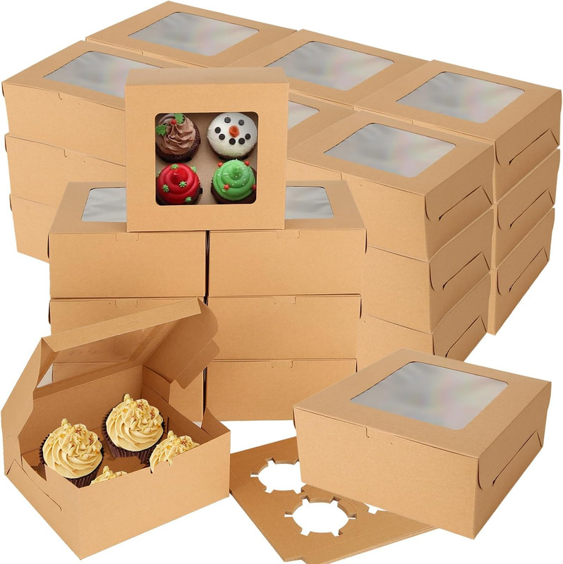 100 PCS Cupcake Boxes 4 Count Cupcake Containers Brown Kraft Paper Cupcake Boxes