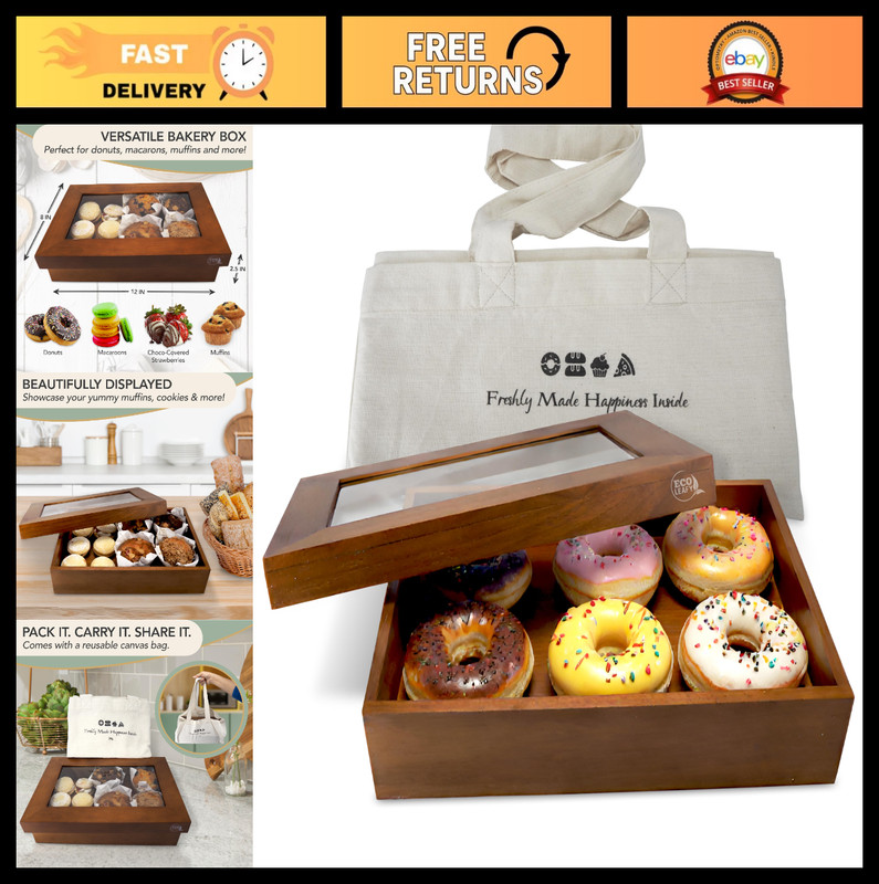 Wooden Bakery Box with Window – 12x8x2.5″ Treat Boxes for Pastries, Desserts & B