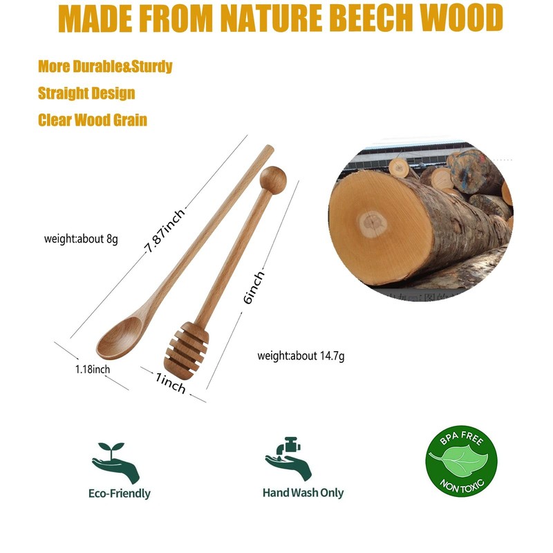 4 PCS 6 Inch Honey Dipper Sticks 4 PCS 7.87 Inch Coffee Stirring Spoons Wood gallery