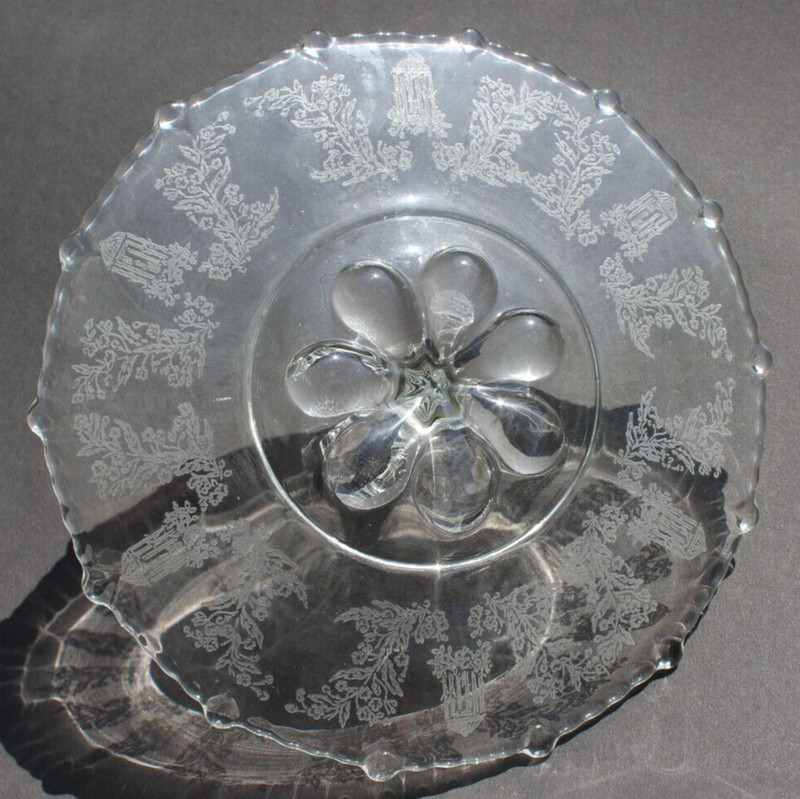 Vintage Victorian Floral Glass Etched Dessert Serving Plate W/ Handle 11.5" gallery