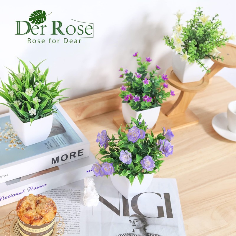 Der Rose 4 Pack Small Fake Plants with Flowers, Spring 7.18"H × 4.7"W, White gallery