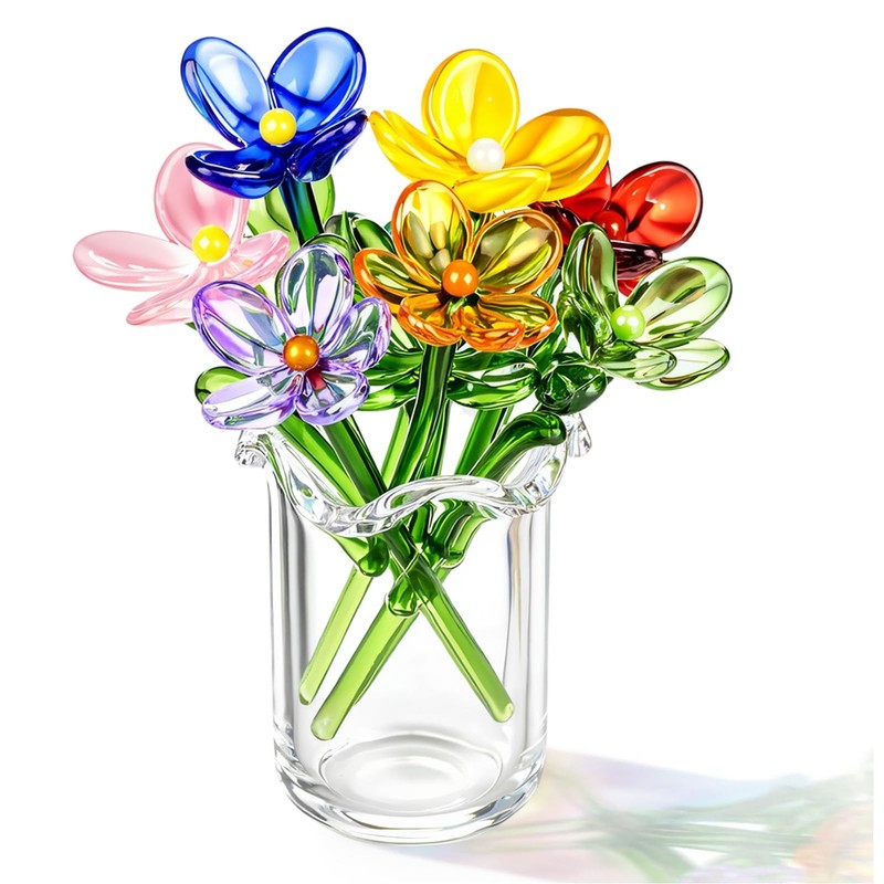 Fiwochic 7 Pcs Miniature Glass Flower Leave And 1 Pcs Vase Set Small Mini Glass