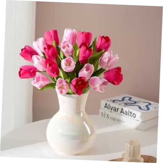 Artificial Tulips - 20 Stems Real Touch Realistic Fake Light Pink & Fuchsia gallery