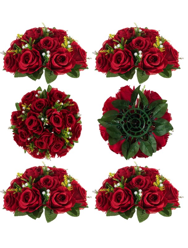 BLOSMON Flower Balls Wedding Rose Centerpieces: 6 Pcs 9.5″W x 4.75″H, Crimson