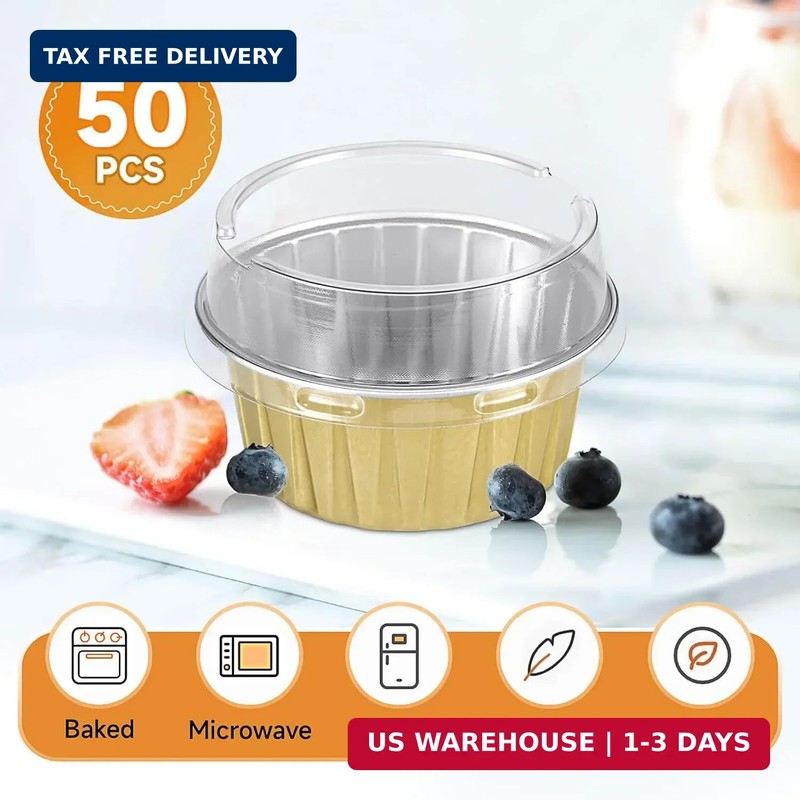 50pcs Mini Disposable Foil Ramekins with Lids 5oz, Aluminum Foil Round Cupcake L gallery
