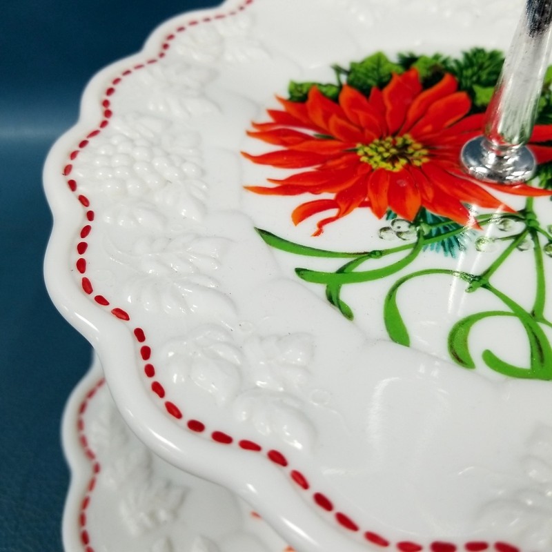 VTG 2-Tier White Milk Glass Snack Tray Red Poinsettias Embossed Grapes Scalloped gallery