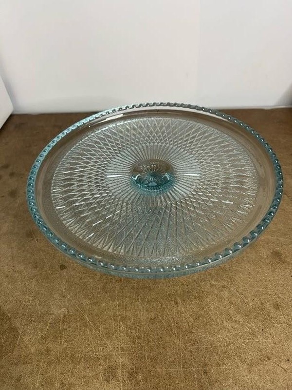 Blue Pressed Glass Pedestal Cake Stand Beaded Edge Retro Round Dessert Tray gallery