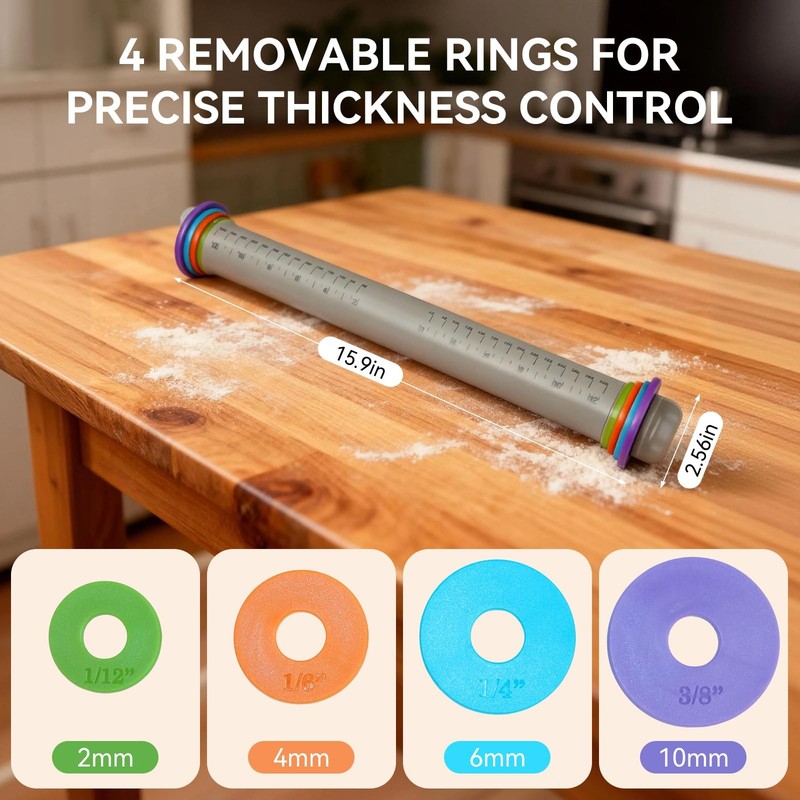 Adjustable Rolling Pin Thickness Rings 12.8 Inch Silicone Dough Roller gallery