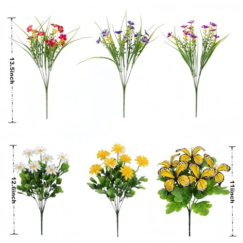 Artificial Flowers for Outdoor, 6 Bundles UV Resistant Faux Silk Daisy 6pcs-mix gallery