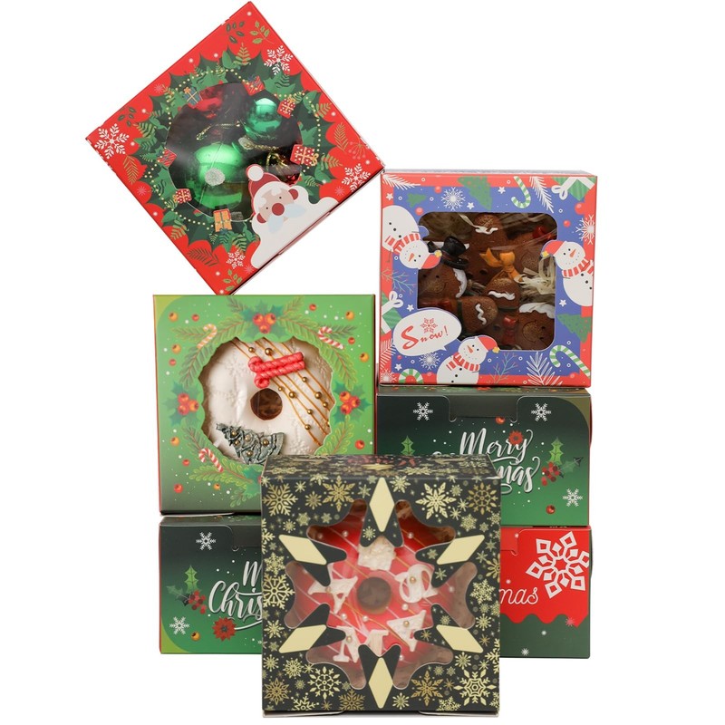 52 PCS 4x4x2.5 Inch Christmas Bakery Cookie Box Window Macaron Pastry