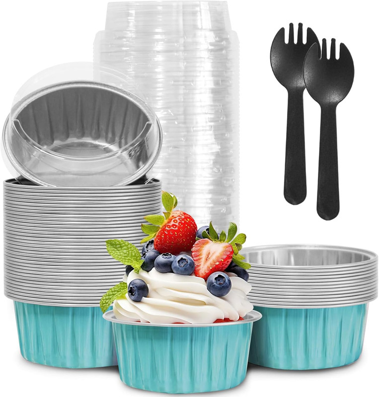 50Pcs Mini Aluminum Foil Cupcake,5oz Baking Cups with Lids,Mini Cake Pans Dispos