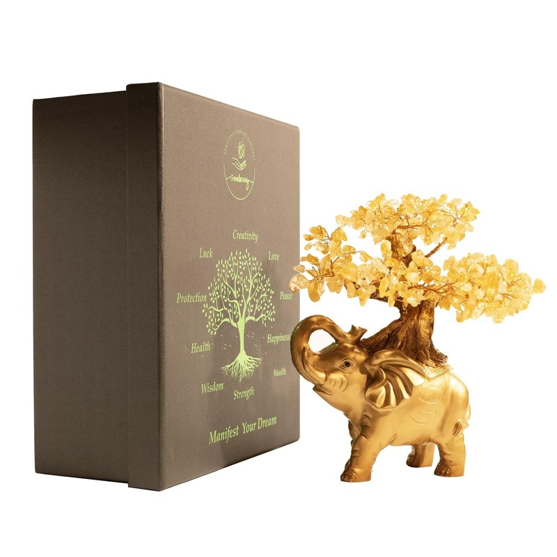 Gemboury Citrine Crystal Money Tree On Gold Mini Elephant Statue 10Gemstone gallery