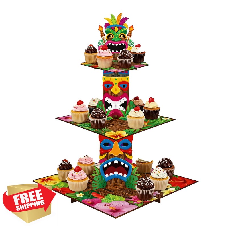 OHOME Luau Cupcake Stand 3 Tier Hawaiian Tiki Cake Holder Tropical Party Decor