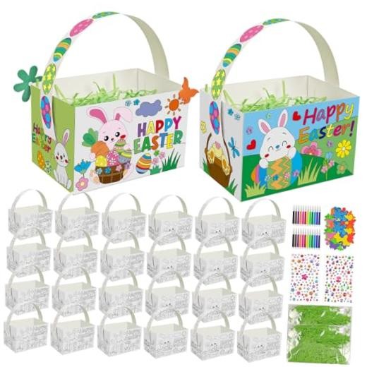 24 Set Easter Paper Bunny Egg Basket Set with Handles, Decorative Treat Boxes
