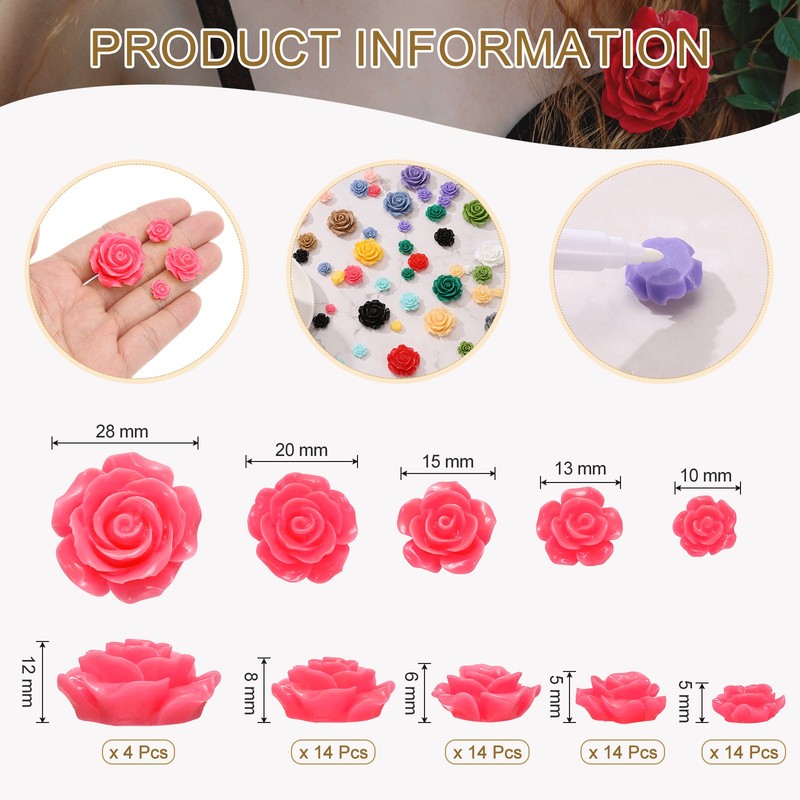 60 Pcs Rose Red Resin Rose Flower Beads, 5 Size Flatback Flower Charm gallery