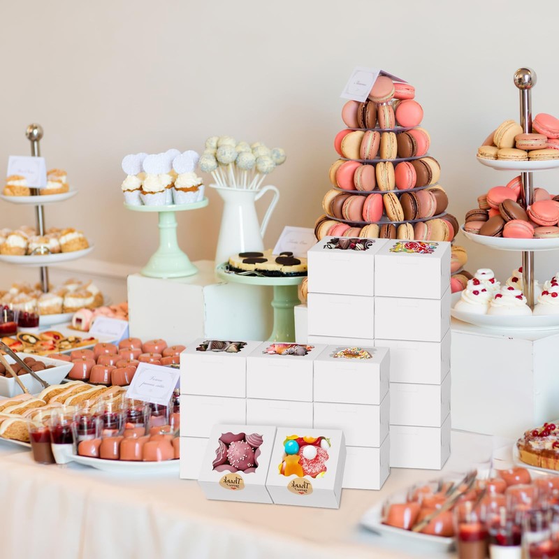 24pcs White Cookie Boxes, 4x4x2.5 Inches Bakery Boxes with Window, for Mini Cake gallery
