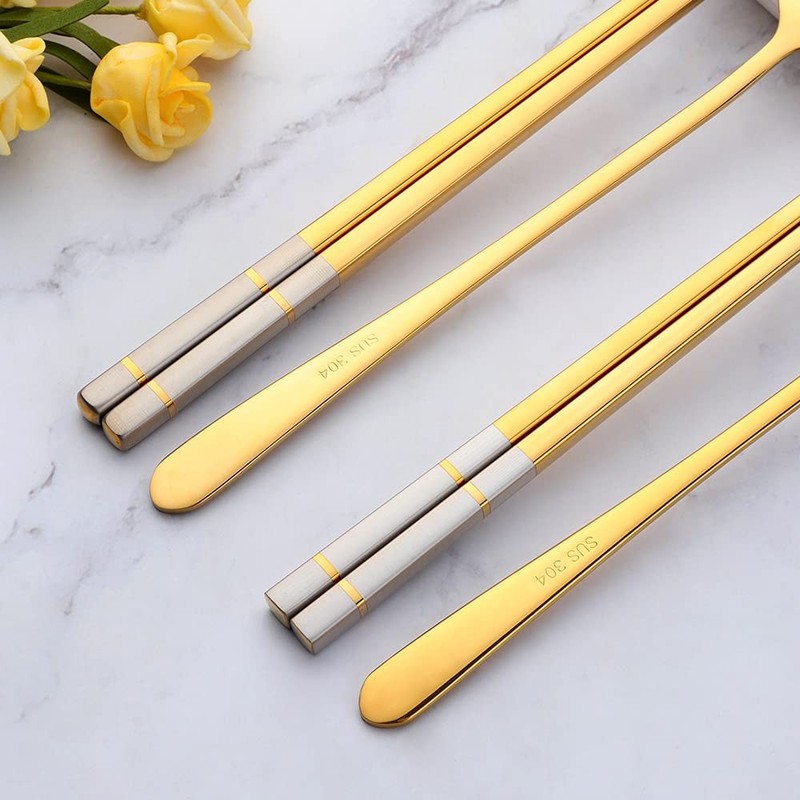 2 PCS Stainless Steel Korean Chopsticks Spoons Fork Set Portable Gold gallery