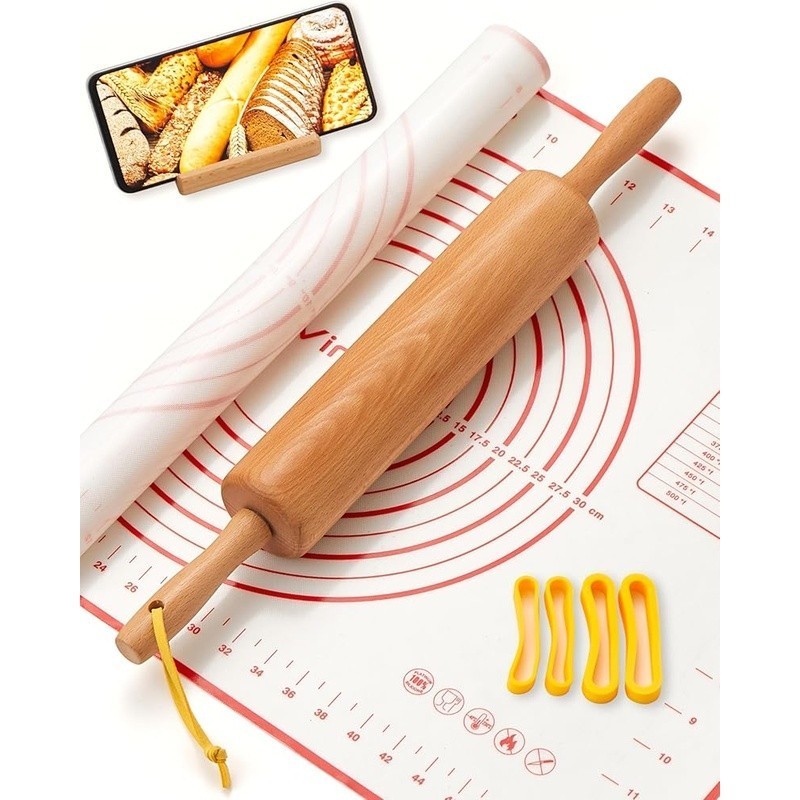 Beech Wood Rolling Pin Set Adjustable Thickness Rings Silicone Pastry Mat Stand gallery