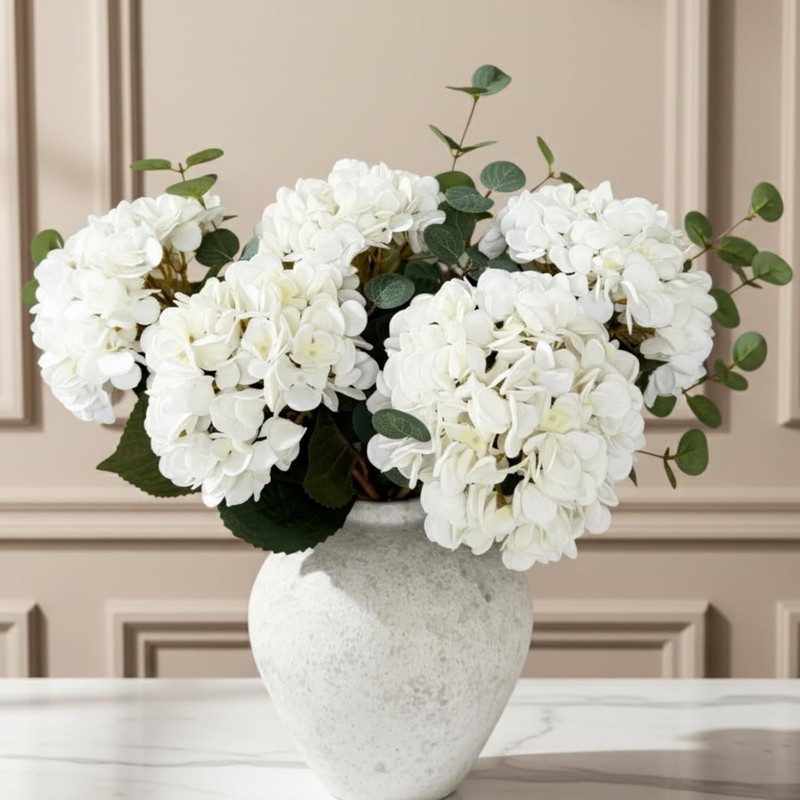 Real Touch White Hydrangea & Eucalyptus Faux Floral Arrangement for Decor