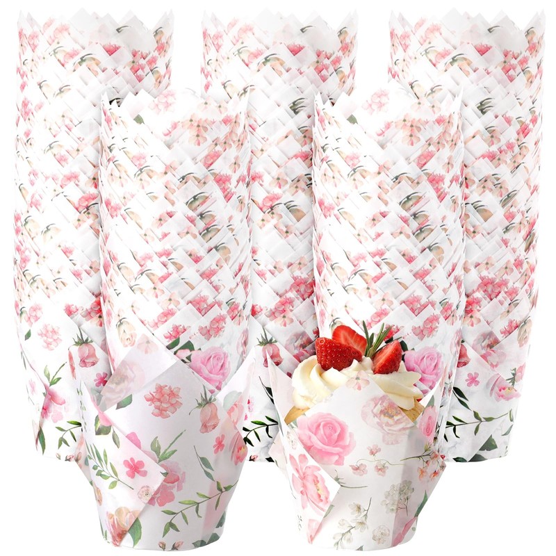 300 PCS Wildflower Tulip Cupcake Liners Floral Muffin Paper Pink Flower