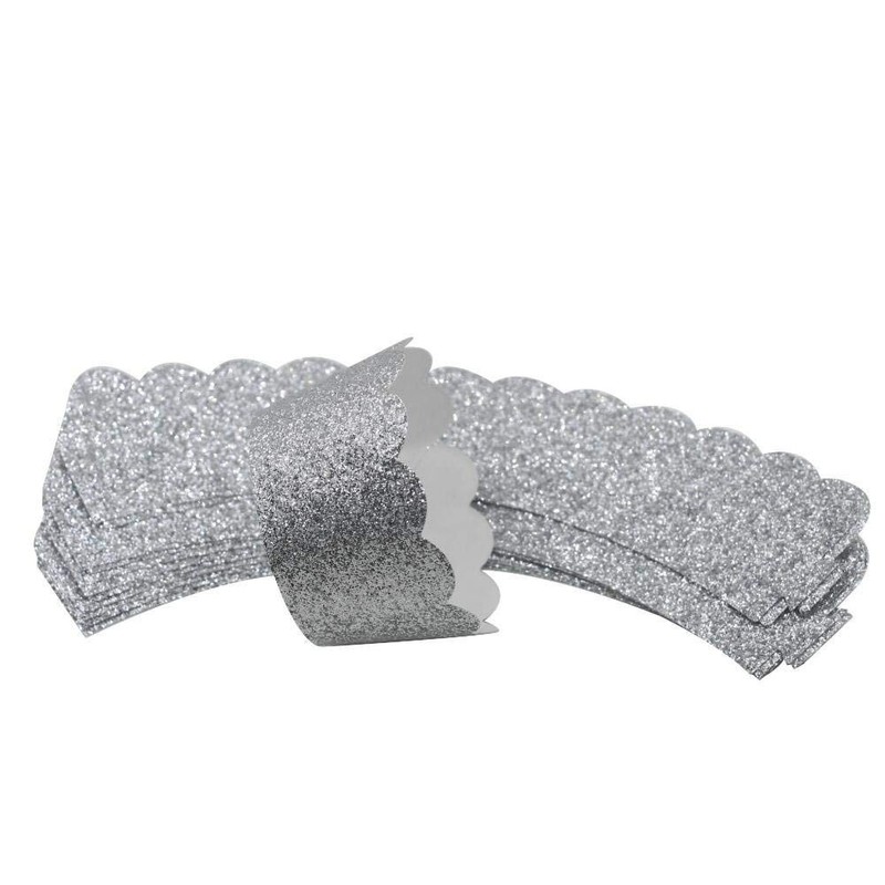 Silver Glitter Scalloped Cupcake Wrappers Wedding Birthday Cake 24 Pack