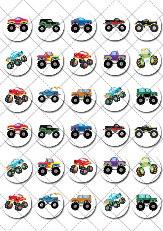 Monster Trucks Pre-cut Mini Edible Icing Cupcake or Cookie Toppers gallery