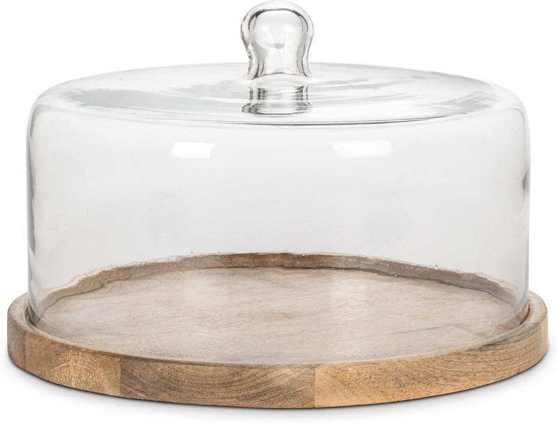 Large Covered Cheese/Cake Dome Glass/Mangowood 11.5″ D