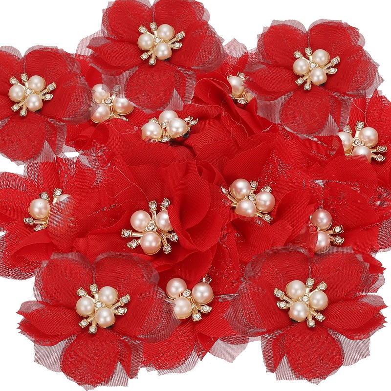 2.36 Inch Rhinestone Chiffon Flower, 15 Pcs Fabric Appliques, Red