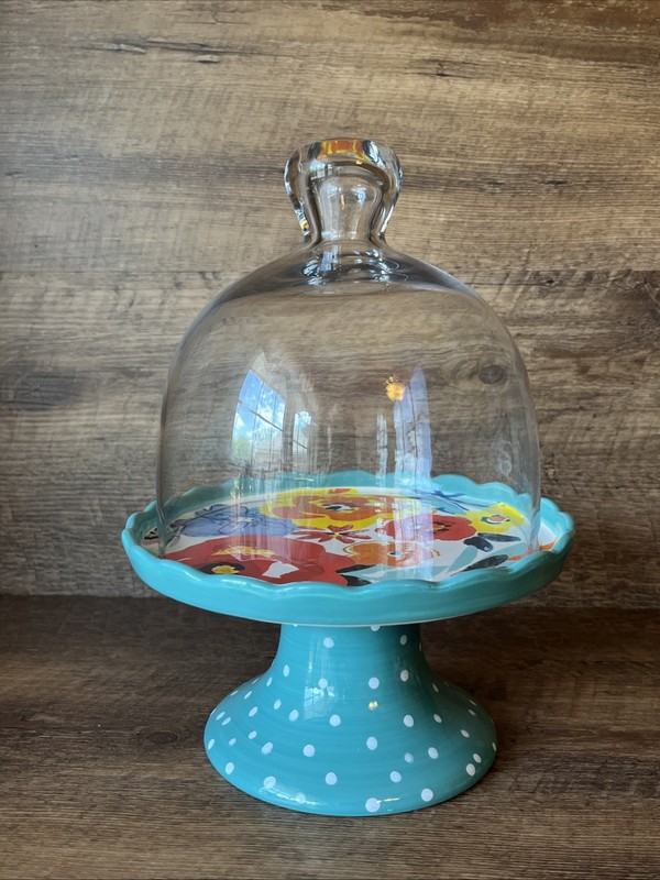 Pioneer Women Flea Market Mini Ceramic Cake Stand + Glass Dome Turquoise Floral gallery