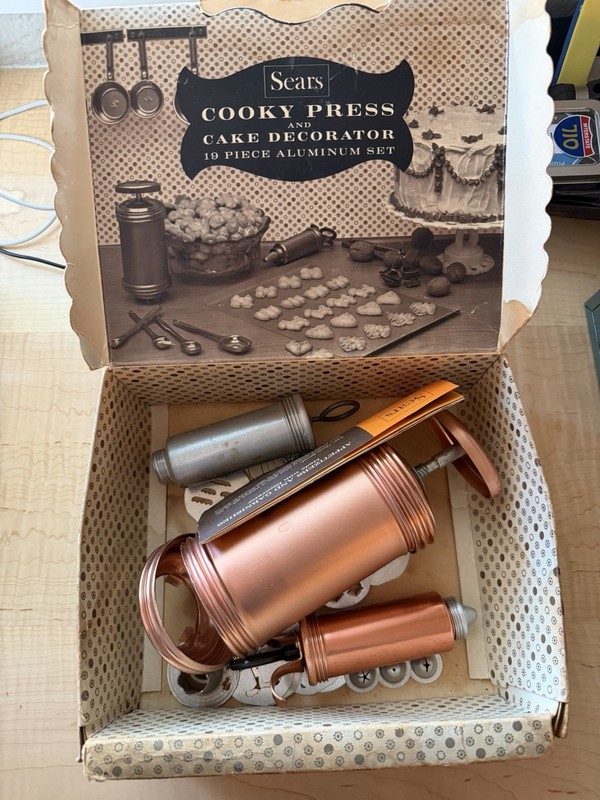 Vintage Sears Aluminum Cookie Press and Cake Decorator Set in original box gallery
