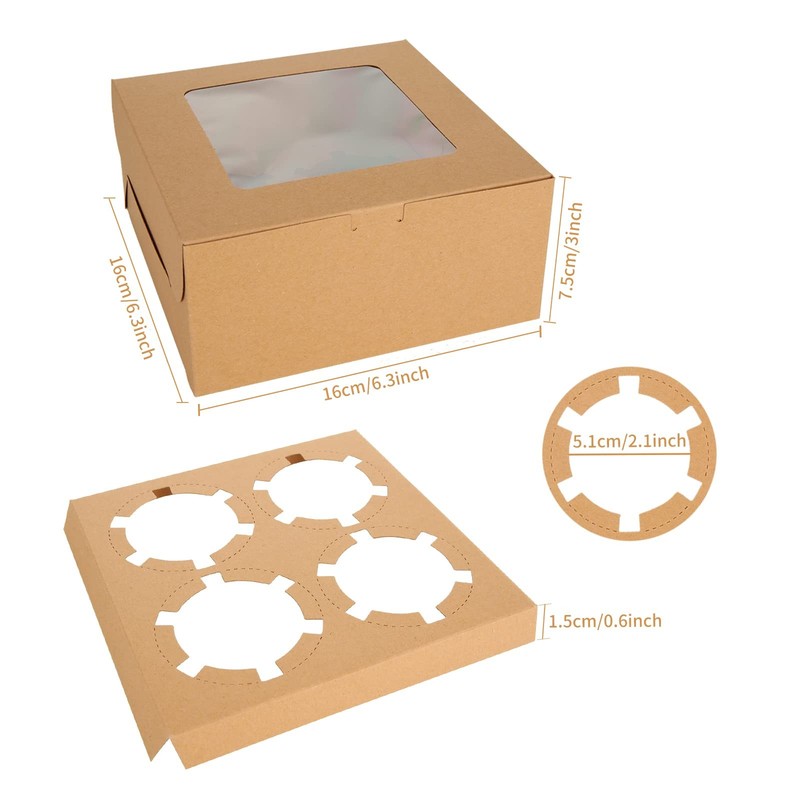 100 PCS Brown Bulk 4 Count Cupcake Boxes Containers Pastry Bakery 6x6x3 Inch gallery