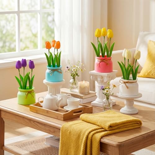 Suncalla 4 Pack Artificial Pot Tulips Small Fake Plants with Macaron Flowerpot gallery