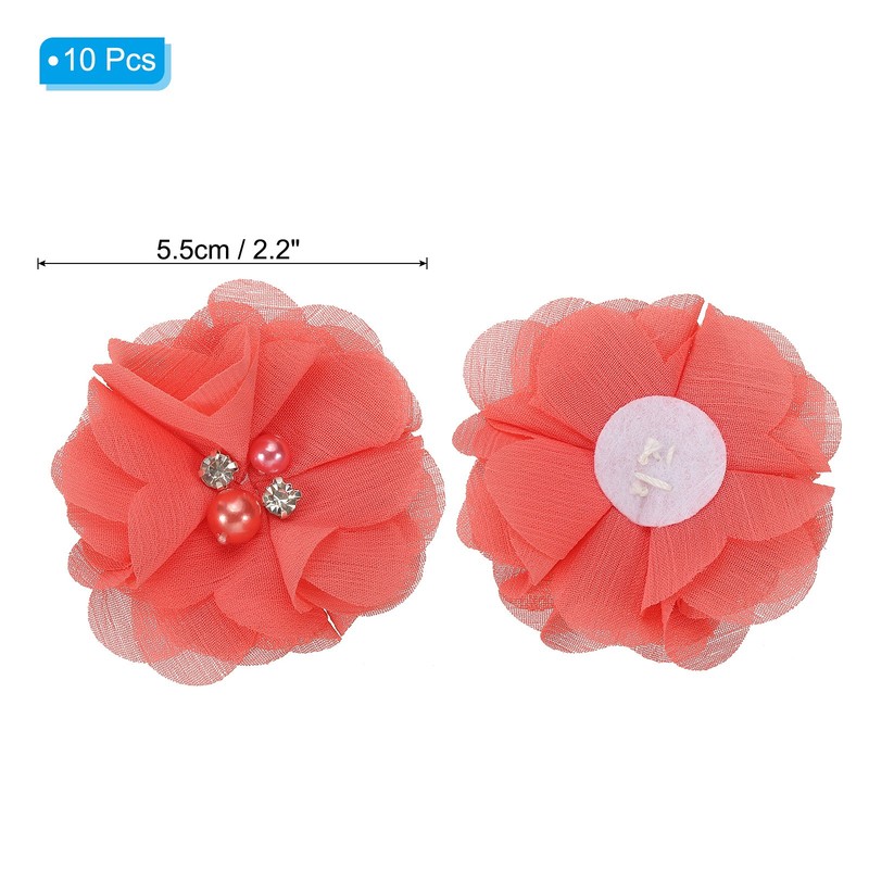 10Pcs 2" Chiffon Flowers with Rhinestone Pearl Appliques Decorate Rose Red gallery