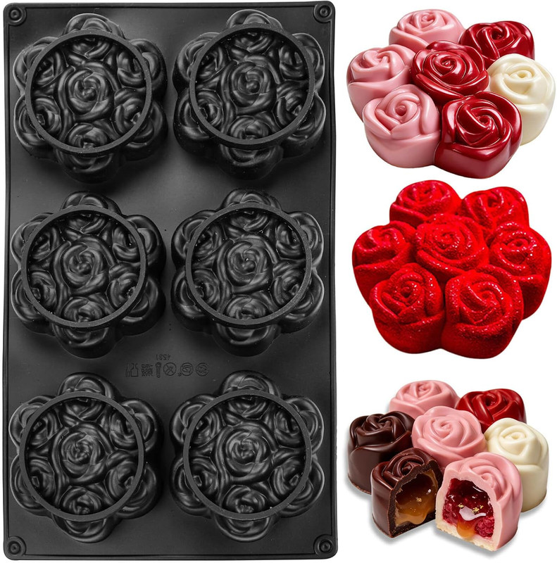 Rose Flower Silicone Mold for Chocolate, Candy, Wax, 6 Cavity Large Baking Mold