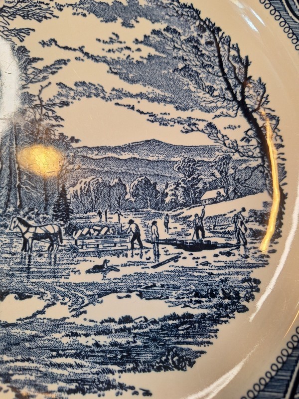 Vntg Currier & Ives Blue Transferware Cake Plate / Platter, Farmhouse Decor,... gallery