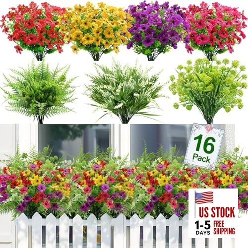 16 Bundles 7 Styles Artificial Flowers for Outdoors Spring Decor, Multi Color
