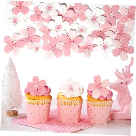 60 Pcs Edible Flowers Cake Topper Cupcake Toppers Decorations Wafer Paper Pink