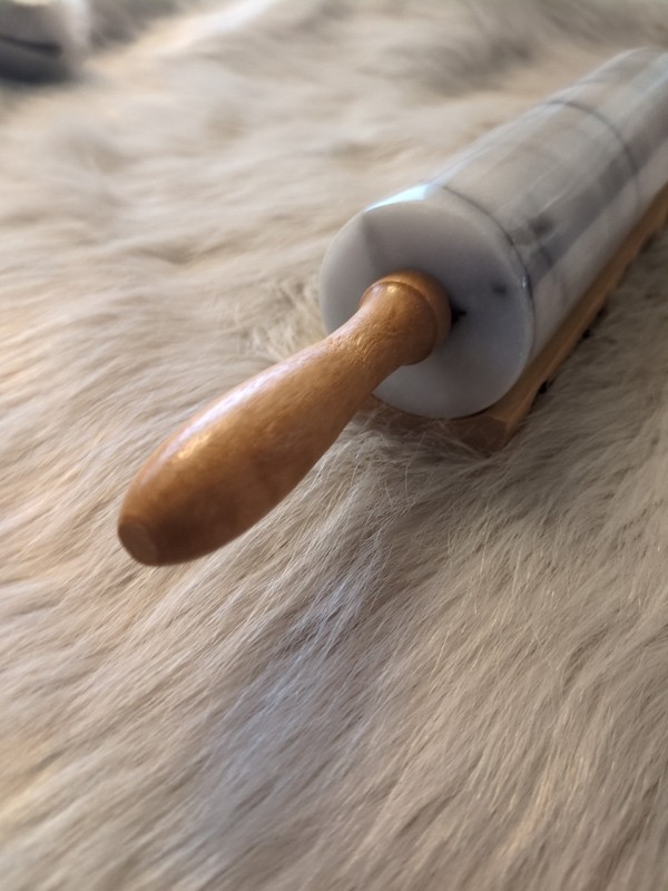 Vintage Polished Gray Marble Rolling Pin 18.5" Long 10" Barrel Wooden Stand New gallery