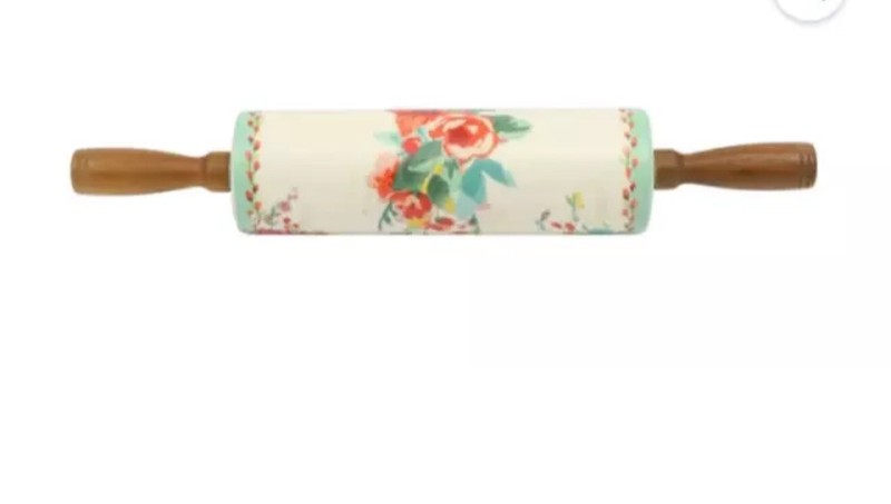 PIONEER WOMAN PAINTED MEADOWS DESIGN CERAMIC ROLLING PIN WITH ACACIA WOOD HANDLE