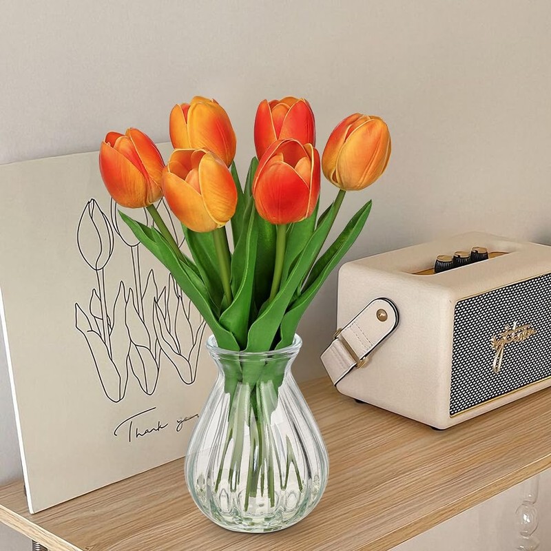 Oairse Artificial Tulips Flowers In Glass Vase - 6 Pcs Faux Flowers In Vase gallery