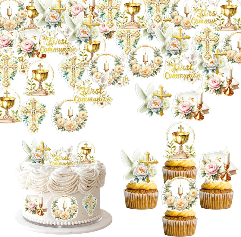 48 PCS Edible First Holy Communion Cupcake Toppers Wafer Paper Dove Cross God Bl