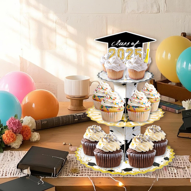 Set of 2 Graduation Cupcake Stand for 50 Cupcakes Black Gold Graduation Cap D... gallery